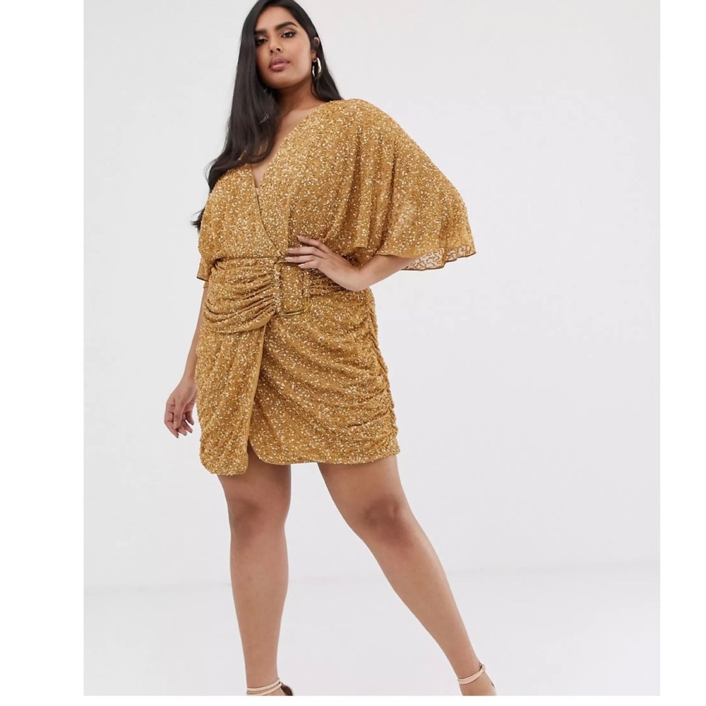 NWT ASOS Design Curve Gold All Over Sequin Mini Dress with Horn Buckle Sz 16